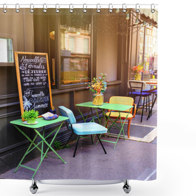 Personality  Small French Restaurant - Table And Chairs Decorated With Flowers On The Street - Paris, France Shower Curtains