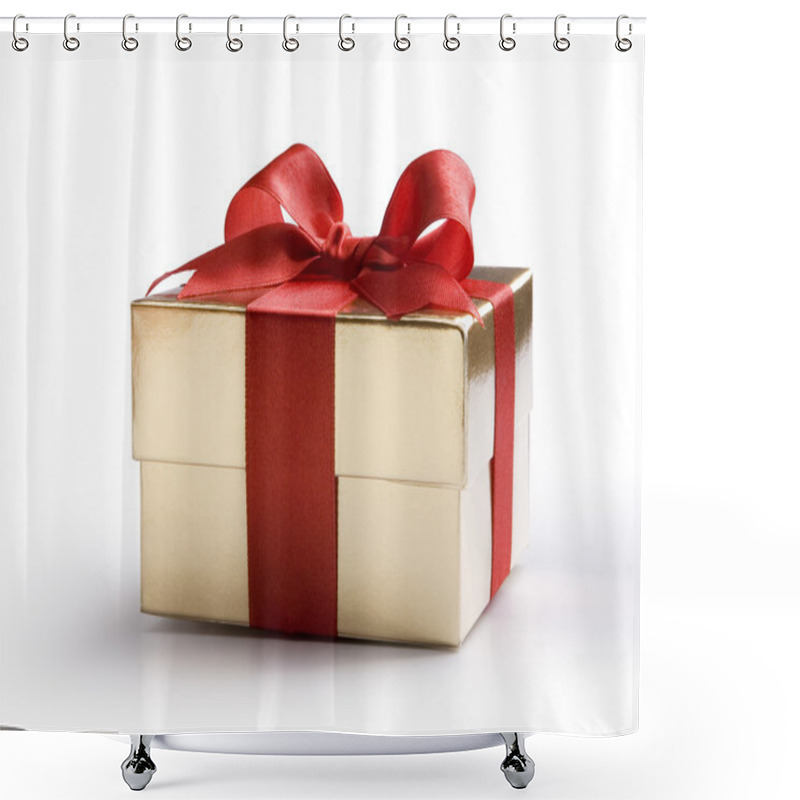 Personality  Art Gold Gift Box With Red Bow Gold Gift Box With Red Bow Isolated On White Shower Curtains