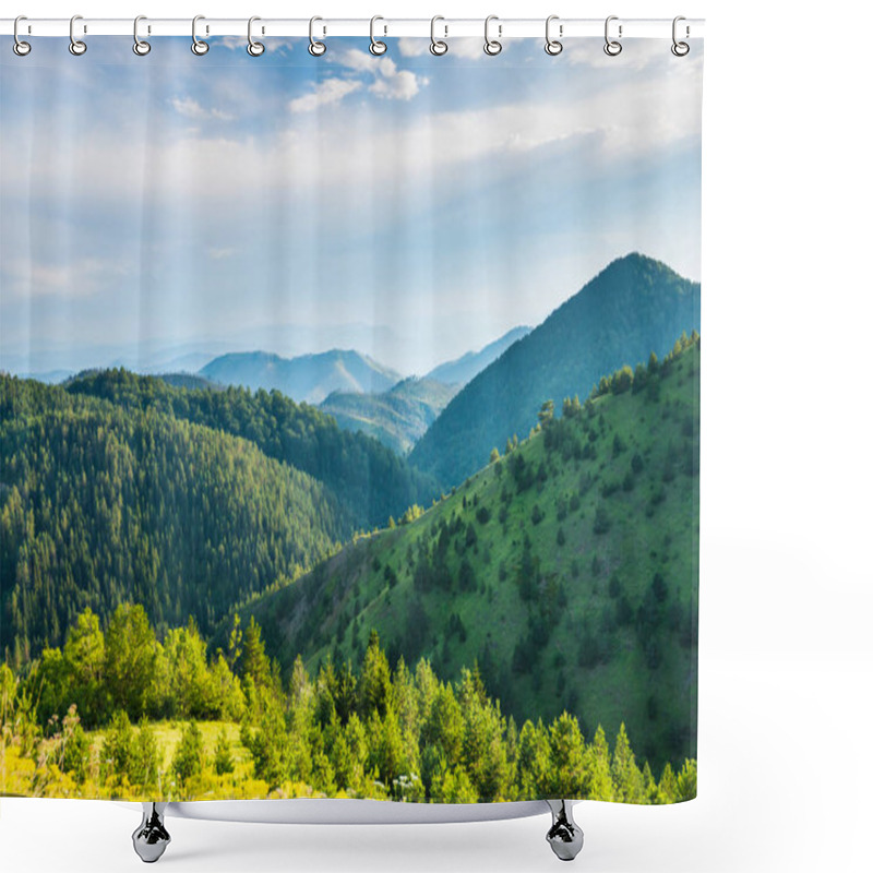 Personality  View Of Green Valley With Hills And Woods At Sunset In Tara National Park In Serbia Shower Curtains