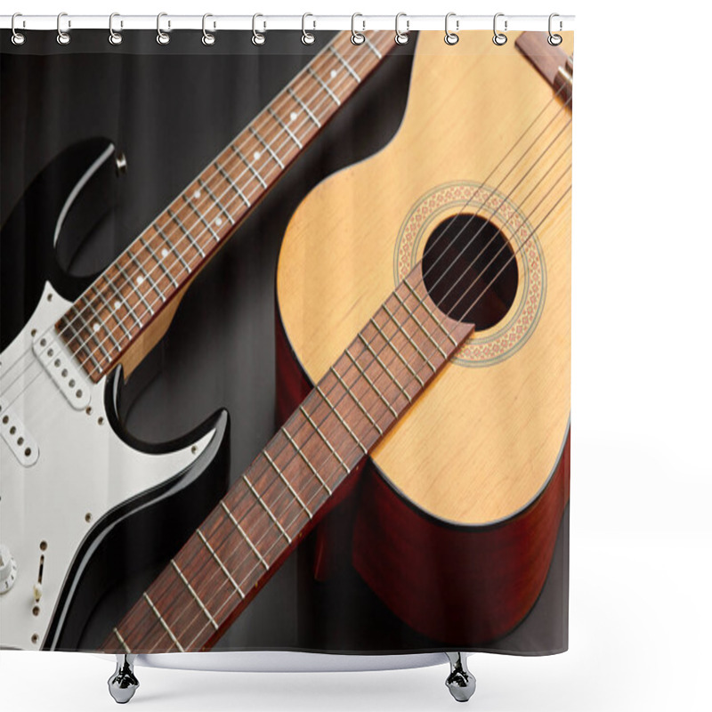 Personality  Modern Electric And Retro Acoustic Guitars Closeup, Black Background, Nobody. String Musical Instrument, Electro And Live Sound, Music, Equipment For Musician Shower Curtains