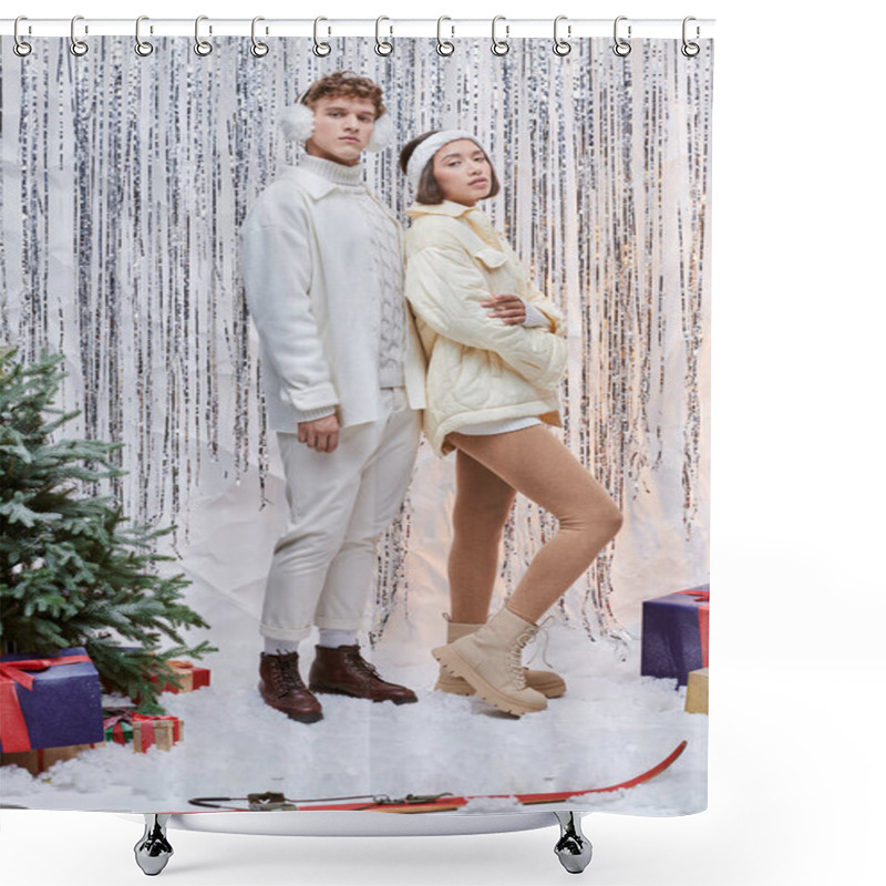 Personality  Interracial Models Posing Near Silver Tinsel, Gift Boxes And Christmas Tree In Festive Studio Shower Curtains