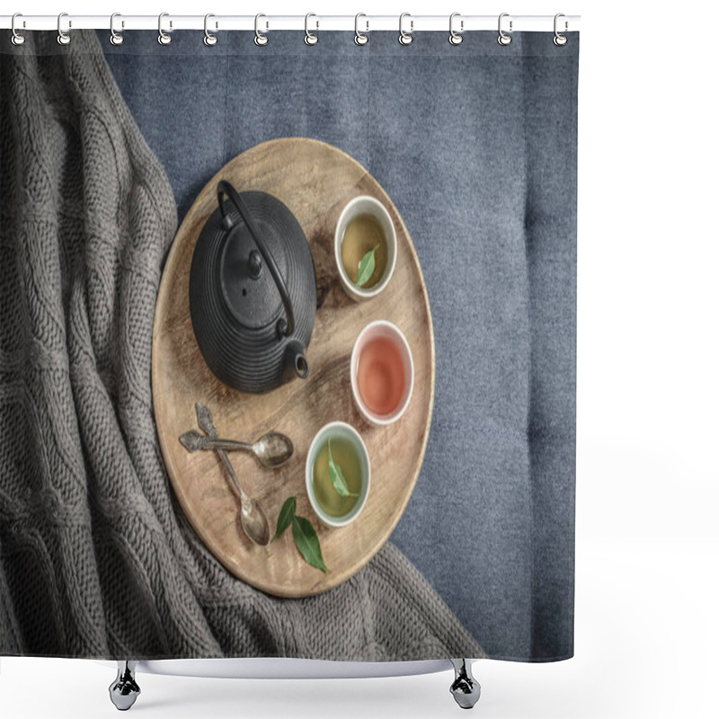 Personality  Black Iron Asian Tea Set On Wooden Tray On Knitted Plaid, Top View Shower Curtains