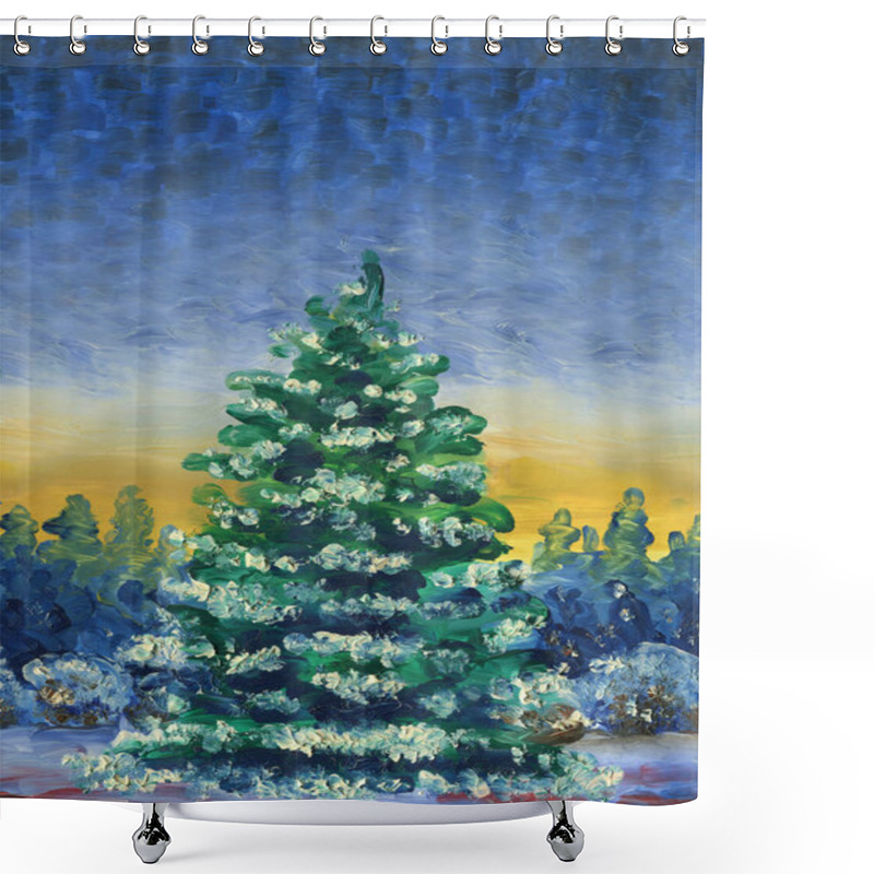 Personality  Christmas Greeting Card. Oil Painting And Digital Technology. Christmas Tree Covered With Snow On The Background Of The Forest. Evening, Sunset Time. Shower Curtains