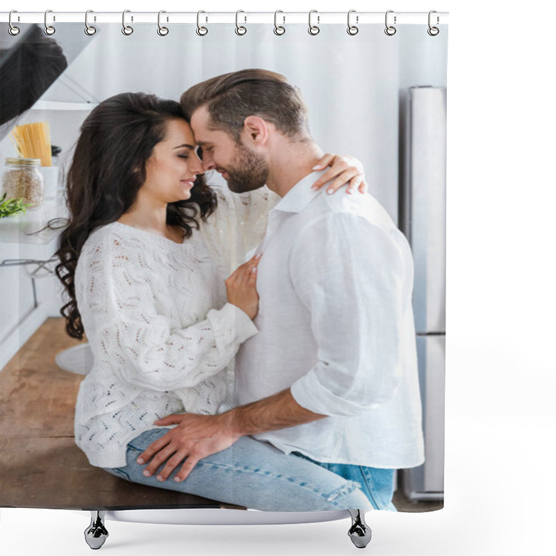 Personality  Man And Woman Gently Embracing At Kitchen Shower Curtains