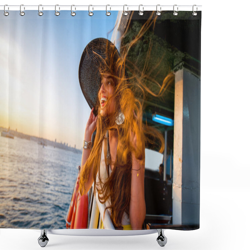 Personality  Woman Enjoying The Sea From Ferry Boat Shower Curtains