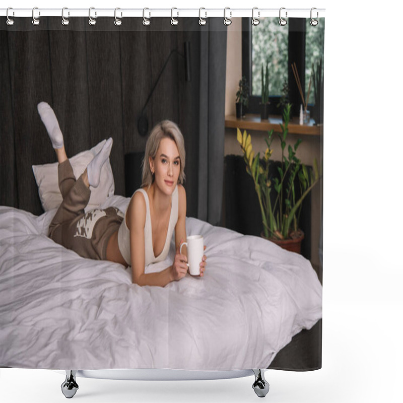 Personality  Beautiful Young Woman Looking At Camera While Lying On Bed With Cup Of Tea Shower Curtains