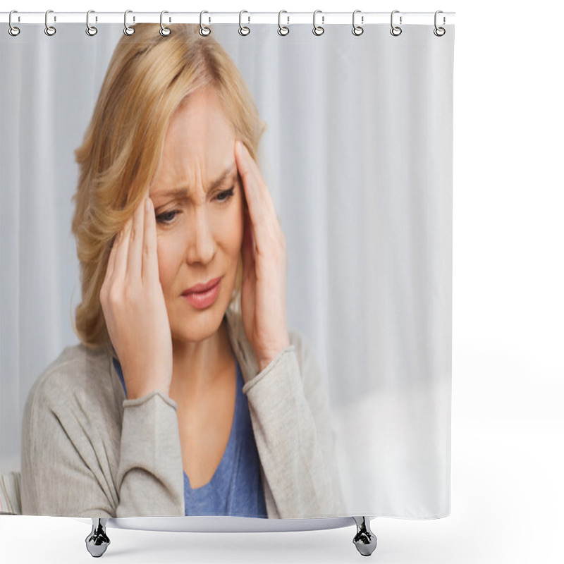 Personality  Unhappy Woman Suffering From Headache At Home Shower Curtains