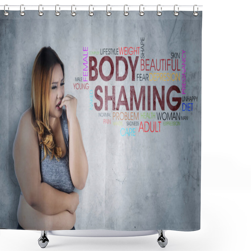 Personality  Image Of Caucasian Obese Woman Looks Fearfully While Standing With Text Of Body Shaming In The Studio Shower Curtains