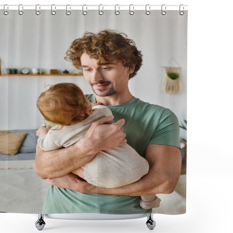 Personality  Caring Father With Curly Hair And Beard Holding In Arms His Infant Boy In Baby Clothes, Parenting Shower Curtains