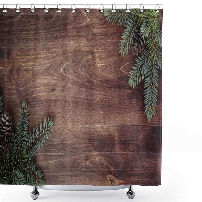 Personality  New Year's Background. Spruce Branches On A Wooden Table. Orname Shower Curtains