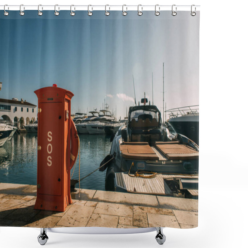 Personality  Red Booth With Sos Lettering Near Yachts In Mediterranean Sea Shower Curtains