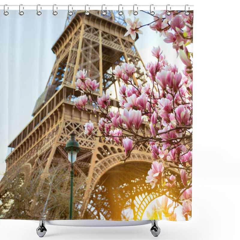 Personality  Blossoming Magnolia Against The Background Of The Eiffel Towe Shower Curtains