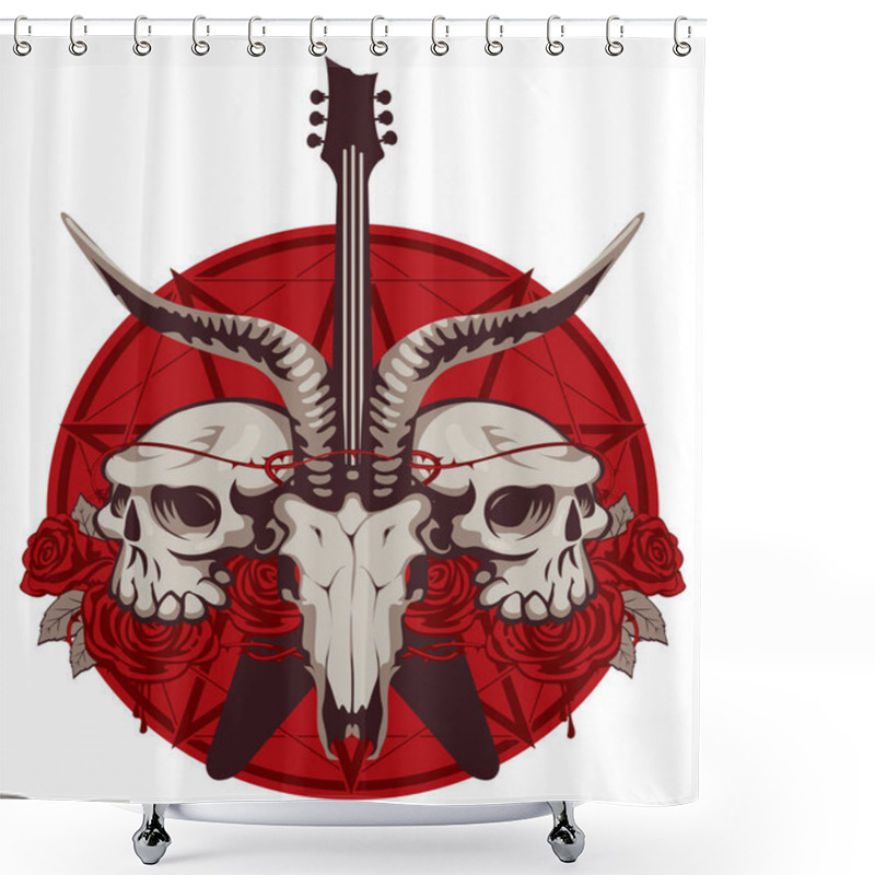 Personality  Vector Illustration With Skulls Of A Horned Animal And Human, Electric Guitar And Red Roses On The Background Of The Satan Star. Creative Illustration For T-shirt Design In Modern Style Shower Curtains