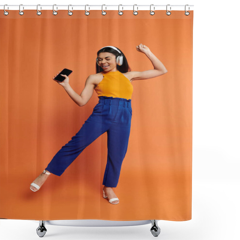 Personality  A Joyful Woman Dances With Headphones, Embracing The Rhythm Of The Moment. Shower Curtains