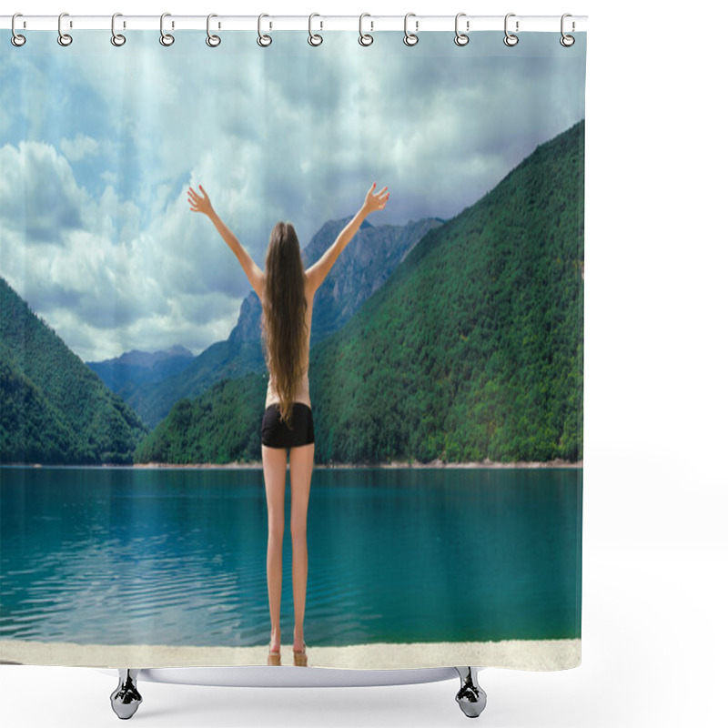 Personality  Free Happy Woman Enjoying Beauty World. Enjoyment Concept. The P Shower Curtains