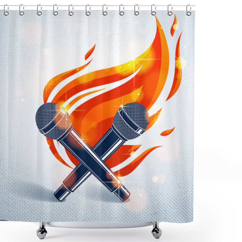 Personality  Two Microphones Crossed On Fire, Hot Mic In Flames, Rap Battle R Shower Curtains