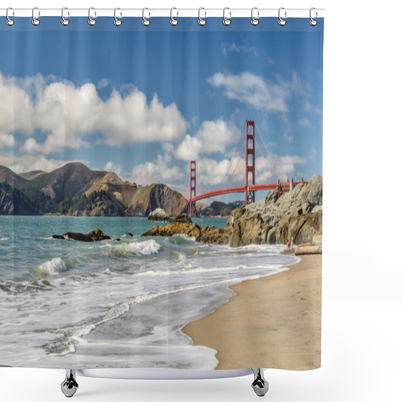 Personality  Sea, Rocks And Bridge Golden Gate Shower Curtains