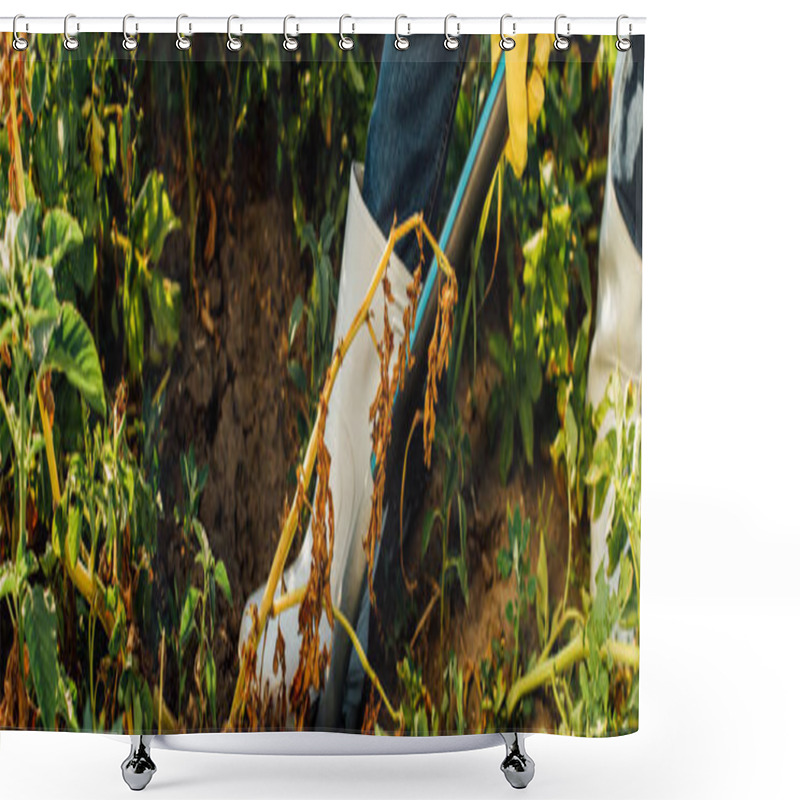 Personality  Cropped View Of Farmer In Rubber Boots Digging Soil In Field With Shovel, Horizontal Concept Shower Curtains