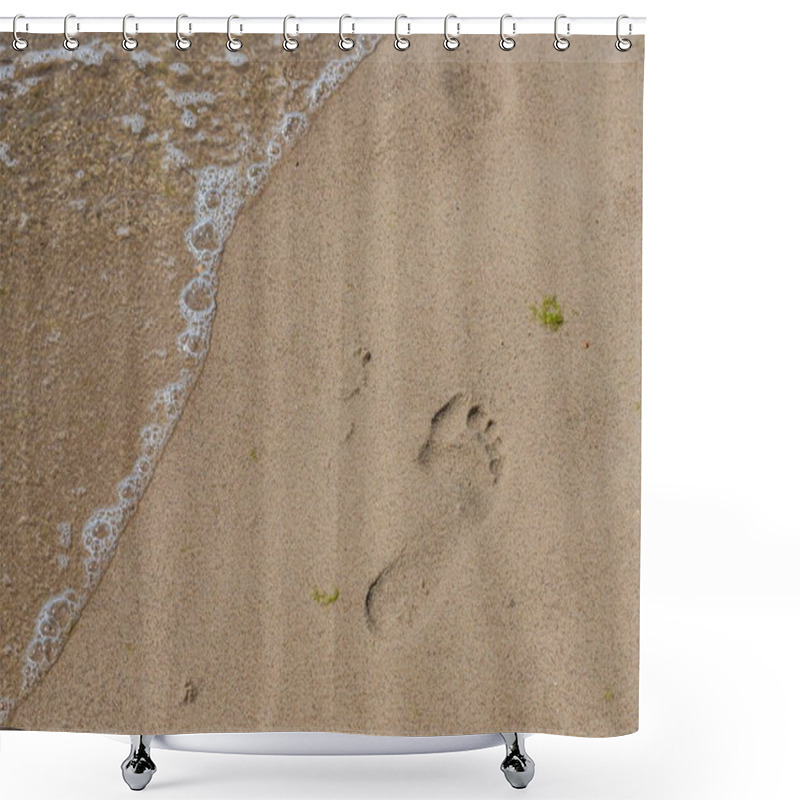 Personality  Footprints Of A Man On The Yellow Beach Sand From Walking Barefoot By The Sea With Water That Washes Away The Footprints. Contemplation Of Life Shower Curtains