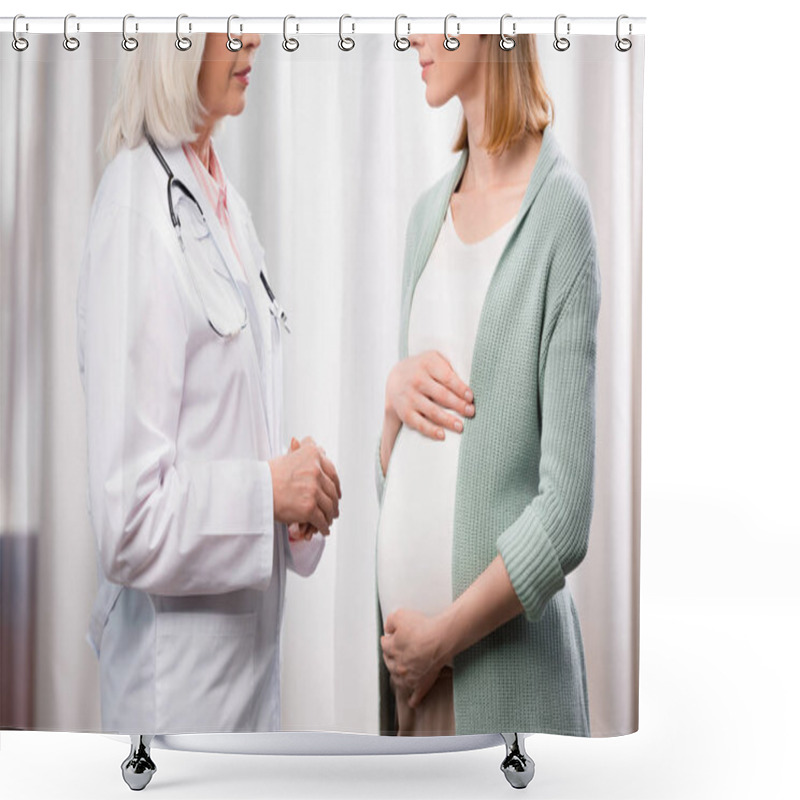 Personality  Young Pregnant Woman Talking With Doctor Shower Curtains