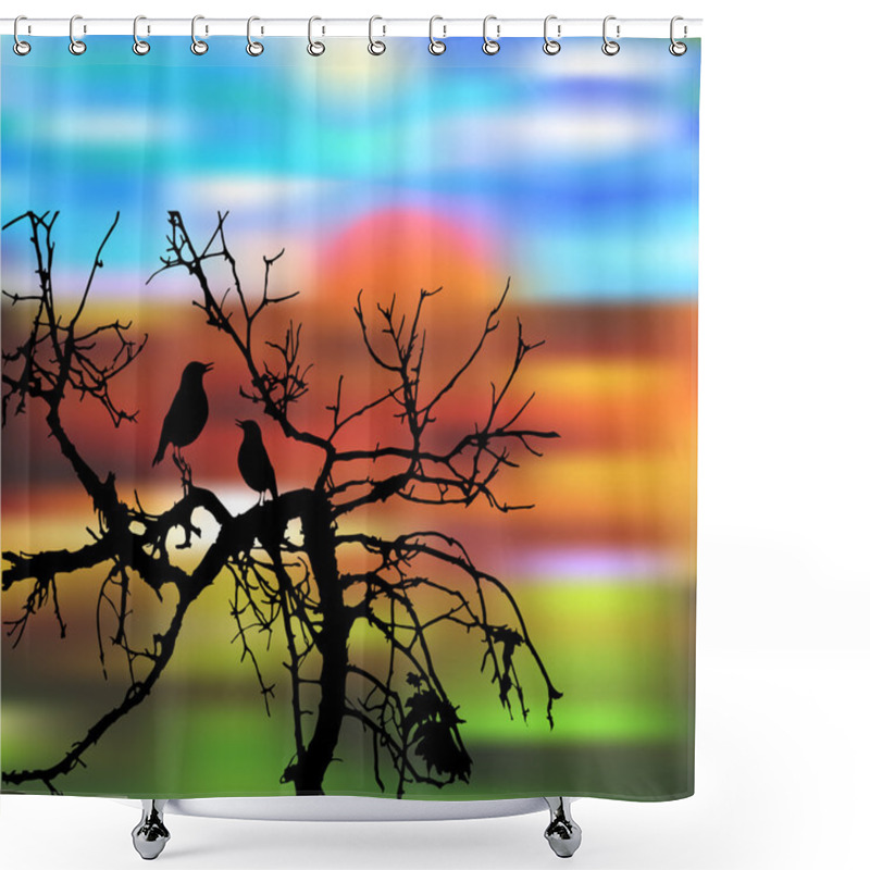 Personality  Silhouette Of Birds On A Tree At Sunset Shower Curtains