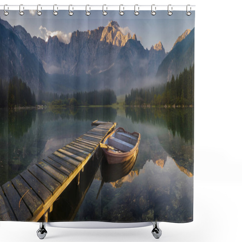 Personality  Wooden Bridge Over A Mountain Lake Shower Curtains