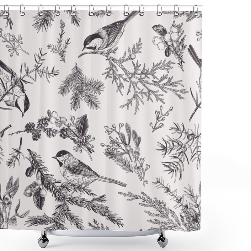 Personality  Vintage Seamless Pattern With Birds And Winter Plants. Winter Background. Vector Botanical Illustration. Black And White. Shower Curtains