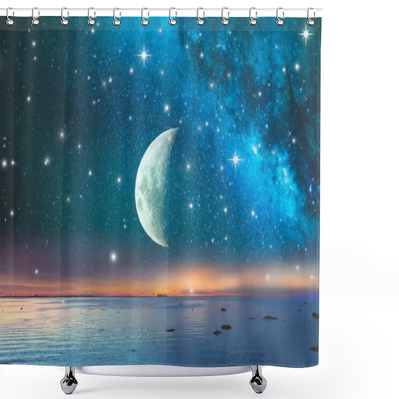 Personality  Tropical Moon  On Starry Night  Sky At Night Blue Dark  Universe Cosmic  Bright Seascape  Background Travel Holiday  Shower Curtains