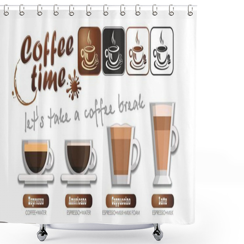 Personality  Coffee Time Set - The Appearance Of The Drink And Methods Of Making Coffee. Coffee Card, Menu, Vector Shower Curtains