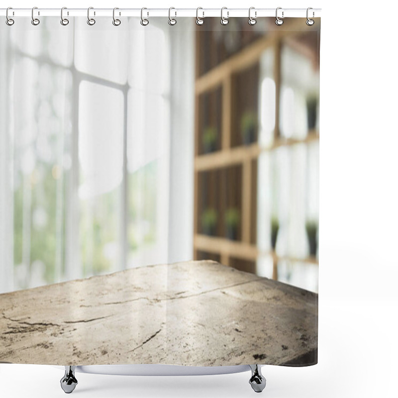 Personality  Wood Table Top On Blur Of Window Glass And Abstract Green From Garden With City View In The Morning Background. For Montage Product Display Shower Curtains