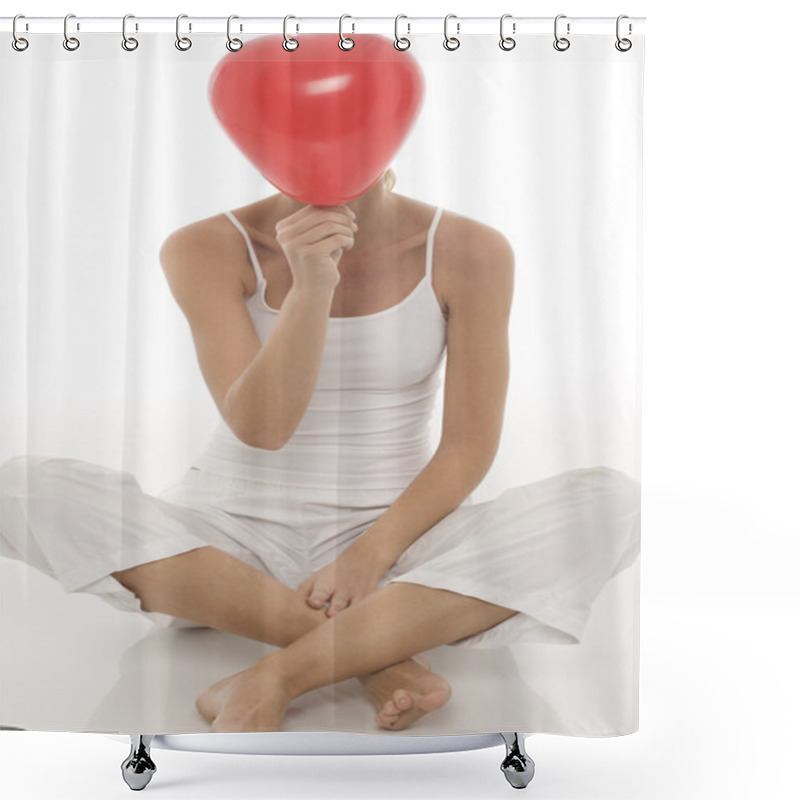 Personality  Young Beautyful Caucasian Woman With Balloon Shower Curtains