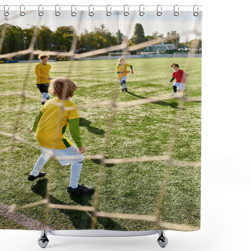 Personality  A Group Of Young Children Play A Spirited Game Of Soccer On A Bright Sunny Day. They Are Running, Kicking, And Cheering Each Other On As They Compete In A Friendly Match. Shower Curtains