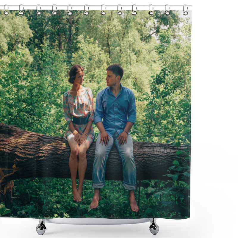 Personality  Loving Couple Sitting On Tree In Summer Shower Curtains