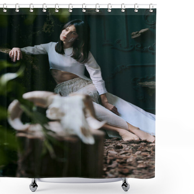 Personality  Woman In White Clothing Poses Against Dark Background. Shower Curtains