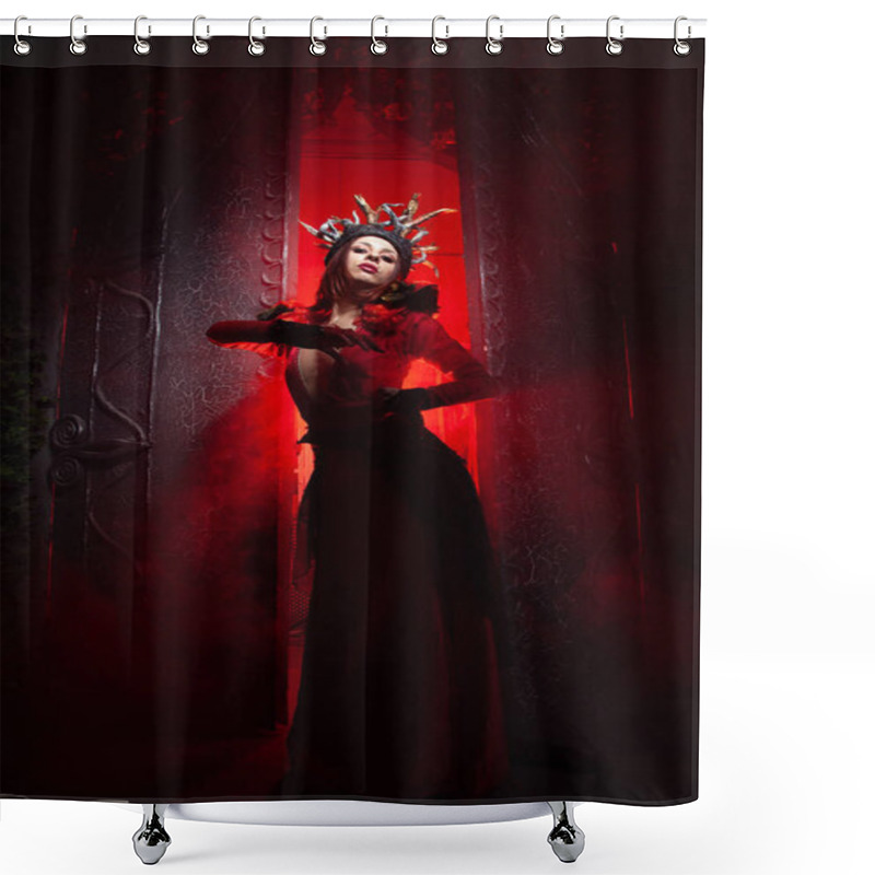 Personality  Beautiful Fashion Witch Woman With Horns In The Form Of Tree Roots In A Long Luxurious Dress On The Background Of A Huge Gate With Red Smoke. Halloween Concept Shower Curtains