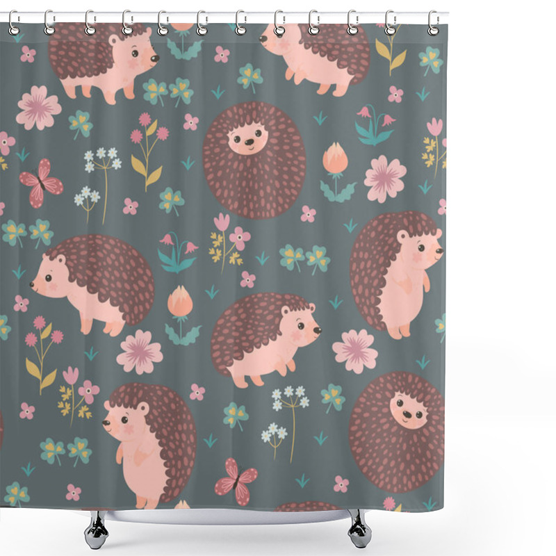 Personality  Seamless Pattern With Cute Hedgehogs And Flowers. Vector Image. Shower Curtains