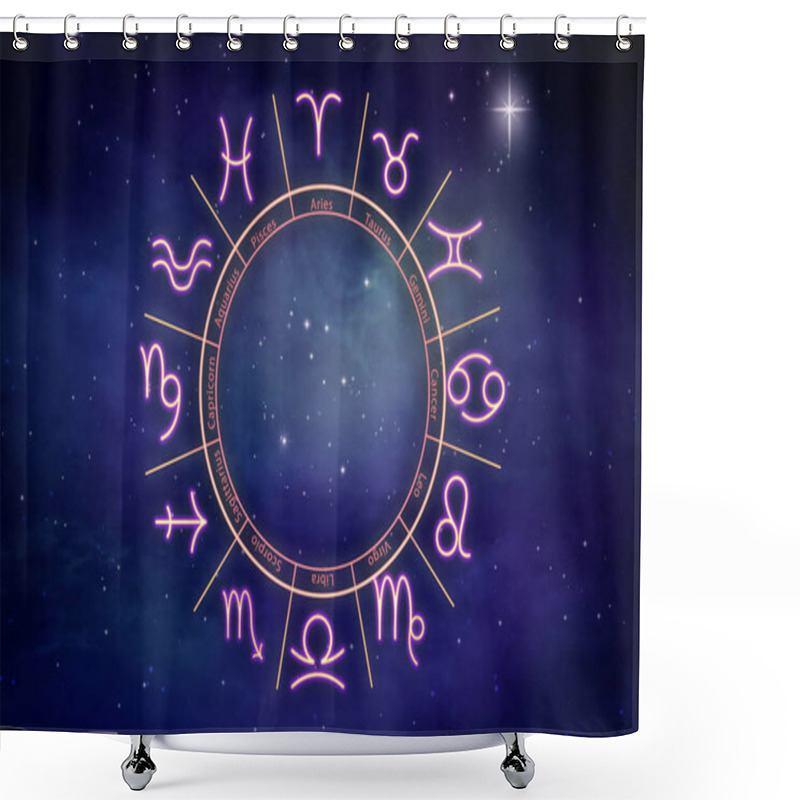 Personality  Zodiac Wheel With Twelve Signs On Starry Sky Background. Horoscopic Astrology Shower Curtains