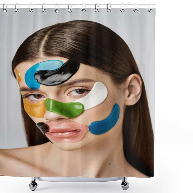 Personality  A Young Woman Poses With Eye Patches On Her Face, Showcasing Her Creative And Imaginative Transformation. Shower Curtains