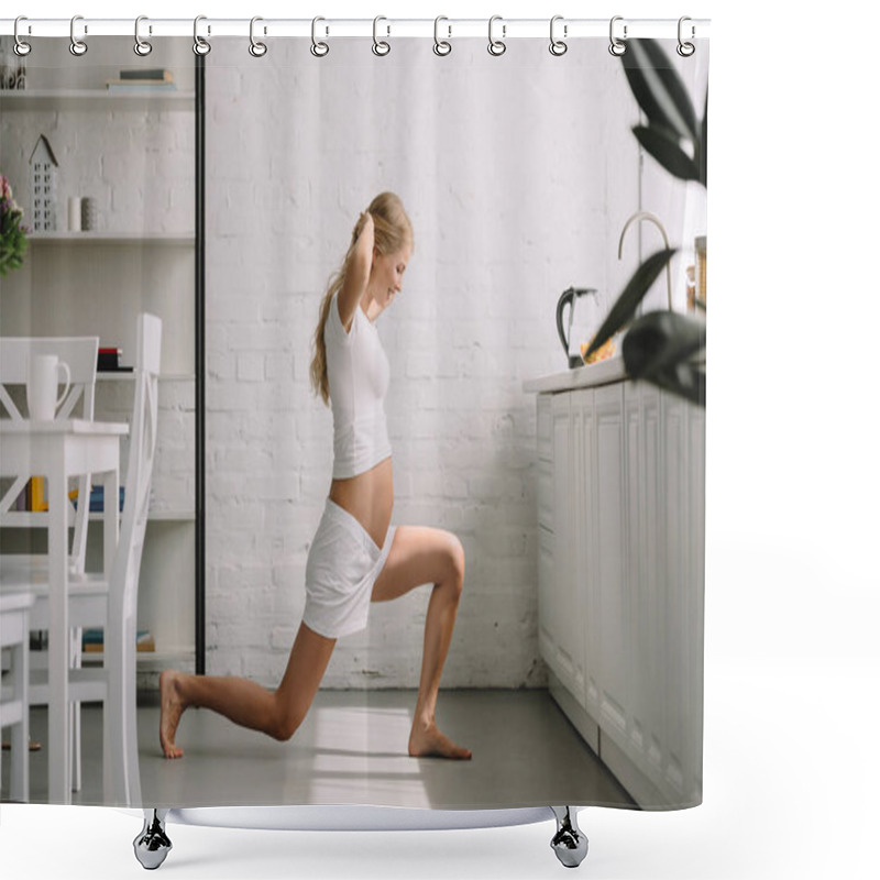 Personality  Side View Of Pregnant Woman Doing Fitness Exercises At Home Shower Curtains