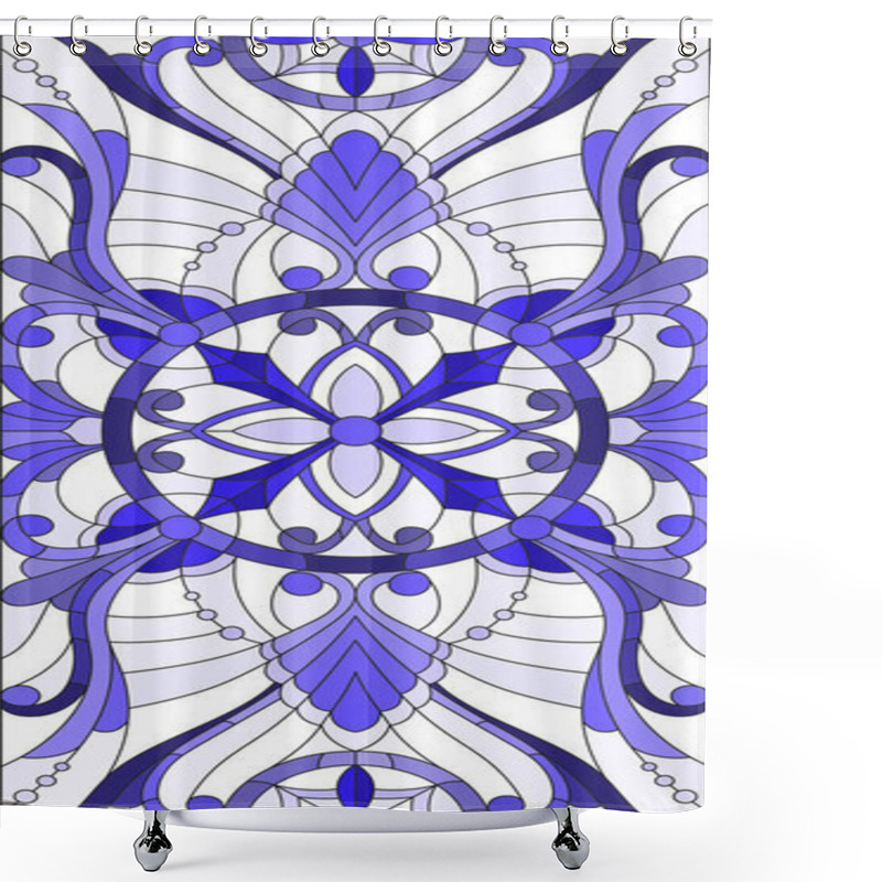 Personality  Illustration In Stained Glass Style With Abstract  Swirls,flowers And Leaves  On A Light Background,vertical Orientation Gamma Blue Shower Curtains