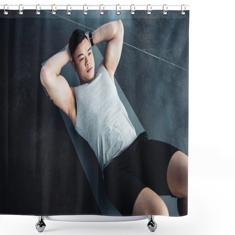 Personality  Young Asian Sportsman Doing Abs Exercise On Fitness Mat At Gym Shower Curtains