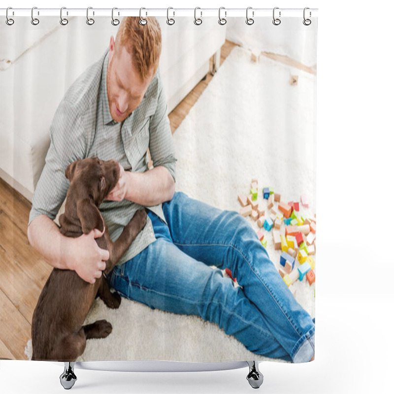 Personality  Man Holding Puppy  Shower Curtains