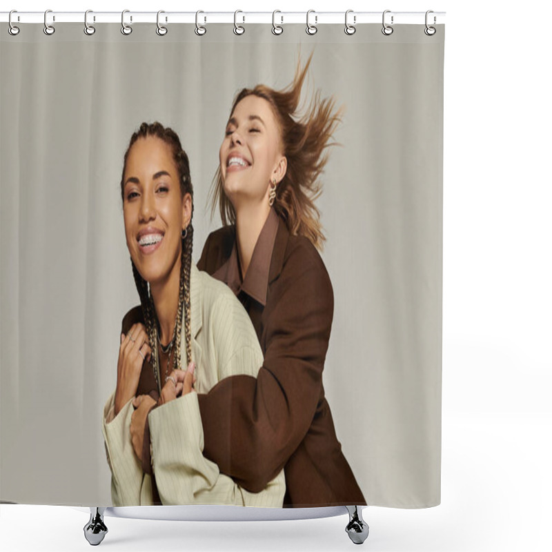 Personality  A Young Couple In Autumn Attire Shares Laughter And Warmth In A Beautiful Outdoor Setting. Shower Curtains