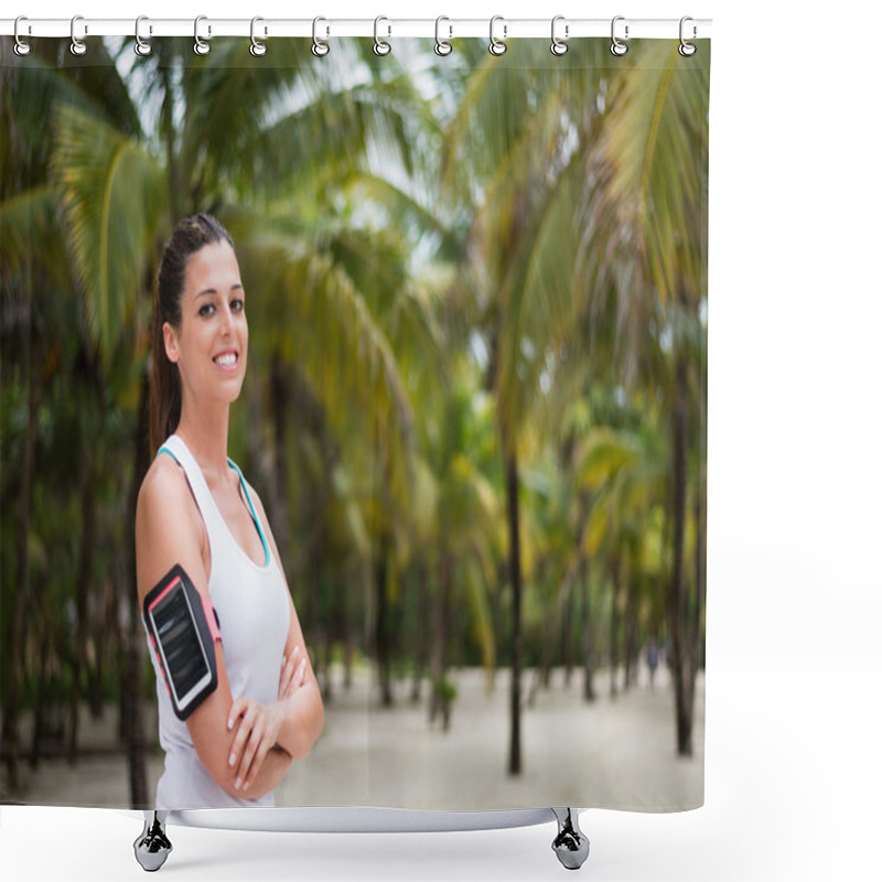 Personality  Fitness Woman Wearing Smartphone Armband At The Beach Shower Curtains