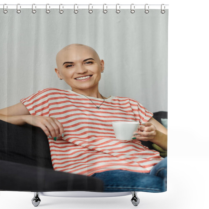 Personality  A Joyful Young Woman With A Shaved Head Smiles Warmly While Holding A Cup Of Coffee. Shower Curtains