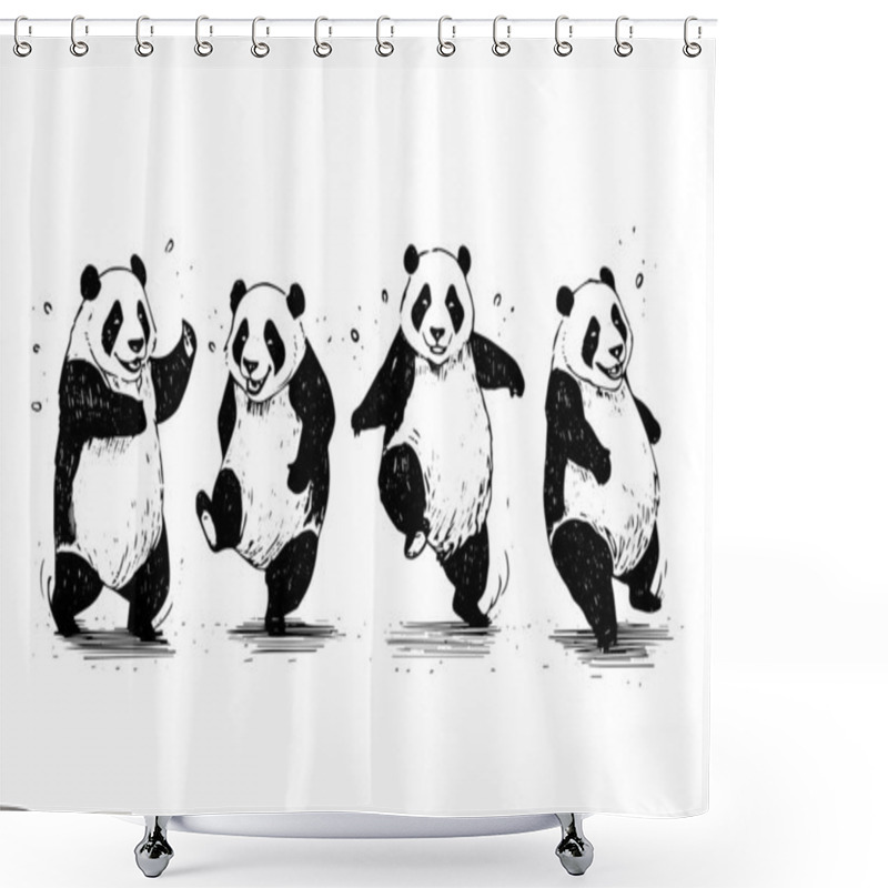 Personality  Set Of Dancing Panda Hand Drawn Ink Sketch. Engraved Style Vector Illustration Shower Curtains