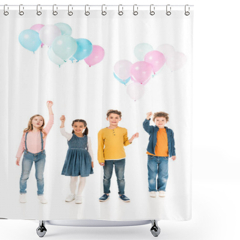 Personality  Full Length View Of Four Kids Holding Balloons Isolated On White Shower Curtains