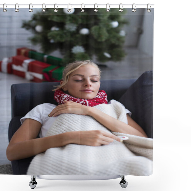 Personality  Sick Woman Sleeping On Sofa Near Presents And Christmas Tree On Blurred Background Shower Curtains