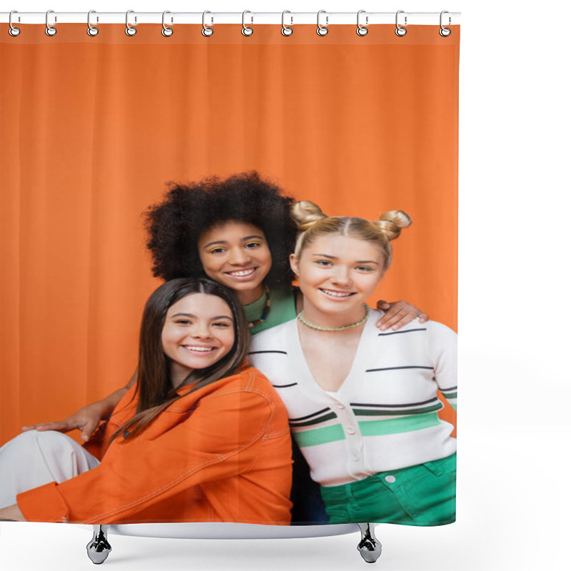 Personality  Smiling African American Teenage Girl With Bright Makeup Hugging Stylish Girlfriends In Casual Outfits And Posing Together Isolated On Orange, Cool And Confident Teenage Girls Shower Curtains