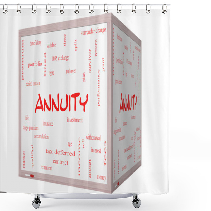 Personality  Annuity Word Cloud Concept On A 3D Cube Whiteboard Shower Curtains